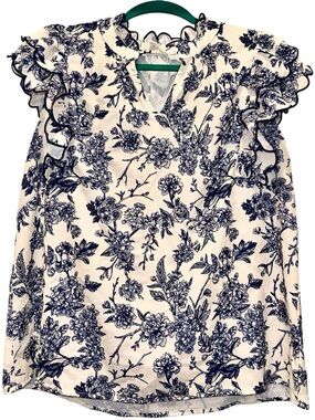 Navy & Ivory Vintage Floral Print Vneck Scalloped Short Sleeve Blouse SIZE SMALL